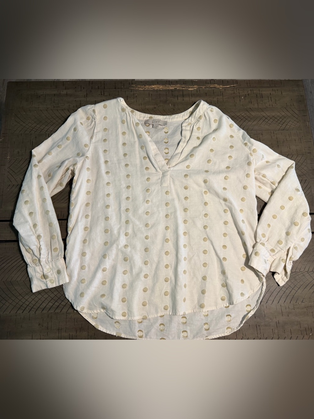 LOFT Cream Polka Dot Split-Neck Blouse